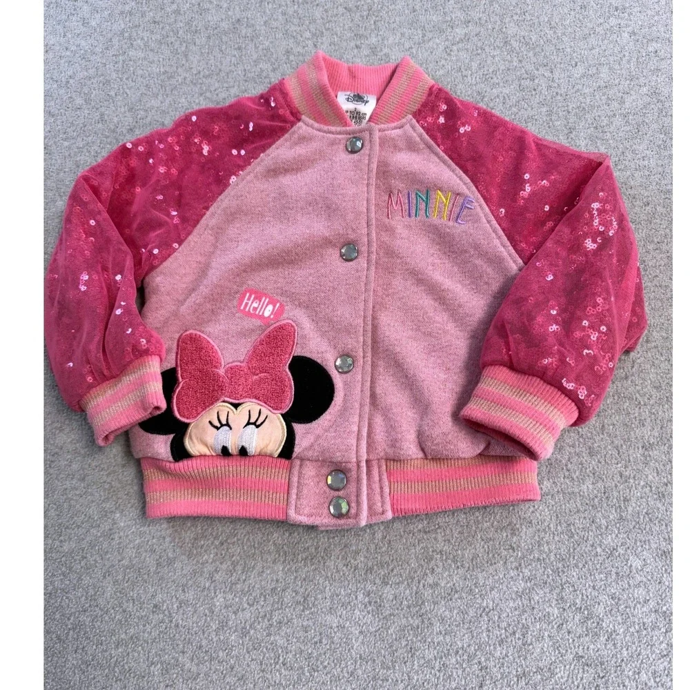 Disney Varsity Jacket Kids Size 2 Pink Minnie Mouse Sequin Sleeve Bomber‎